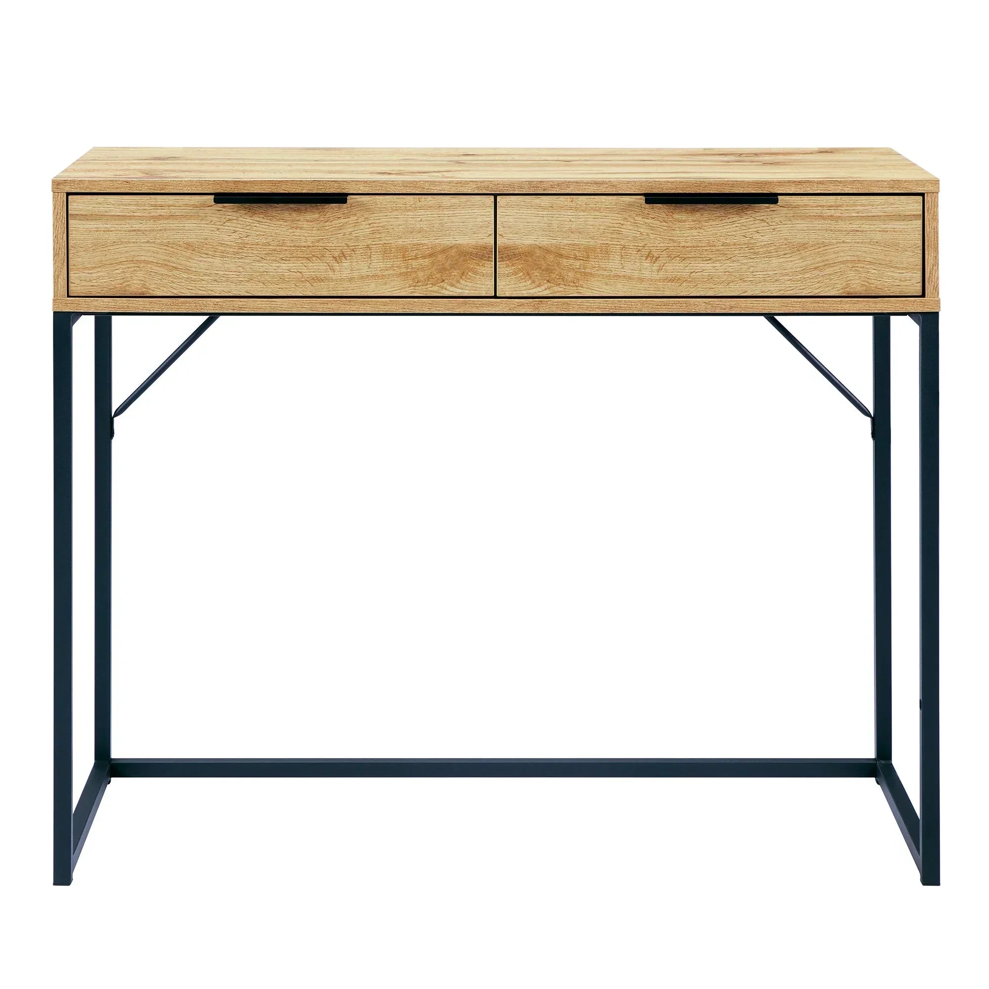Bali dressing table desk with natural wood finish and black metal legs, front view