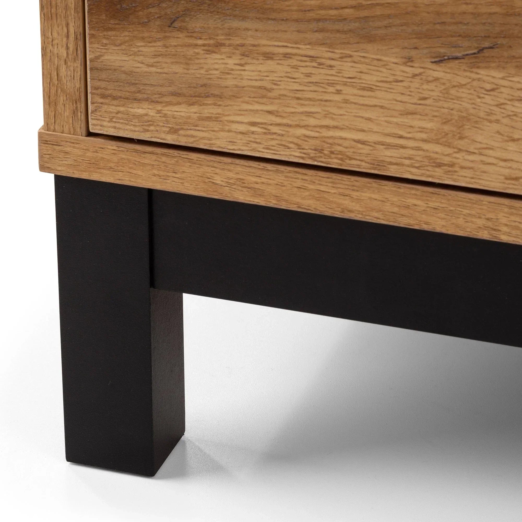 Bali 2 door wardrobe close-up showing wood grain texture and black base leg detail