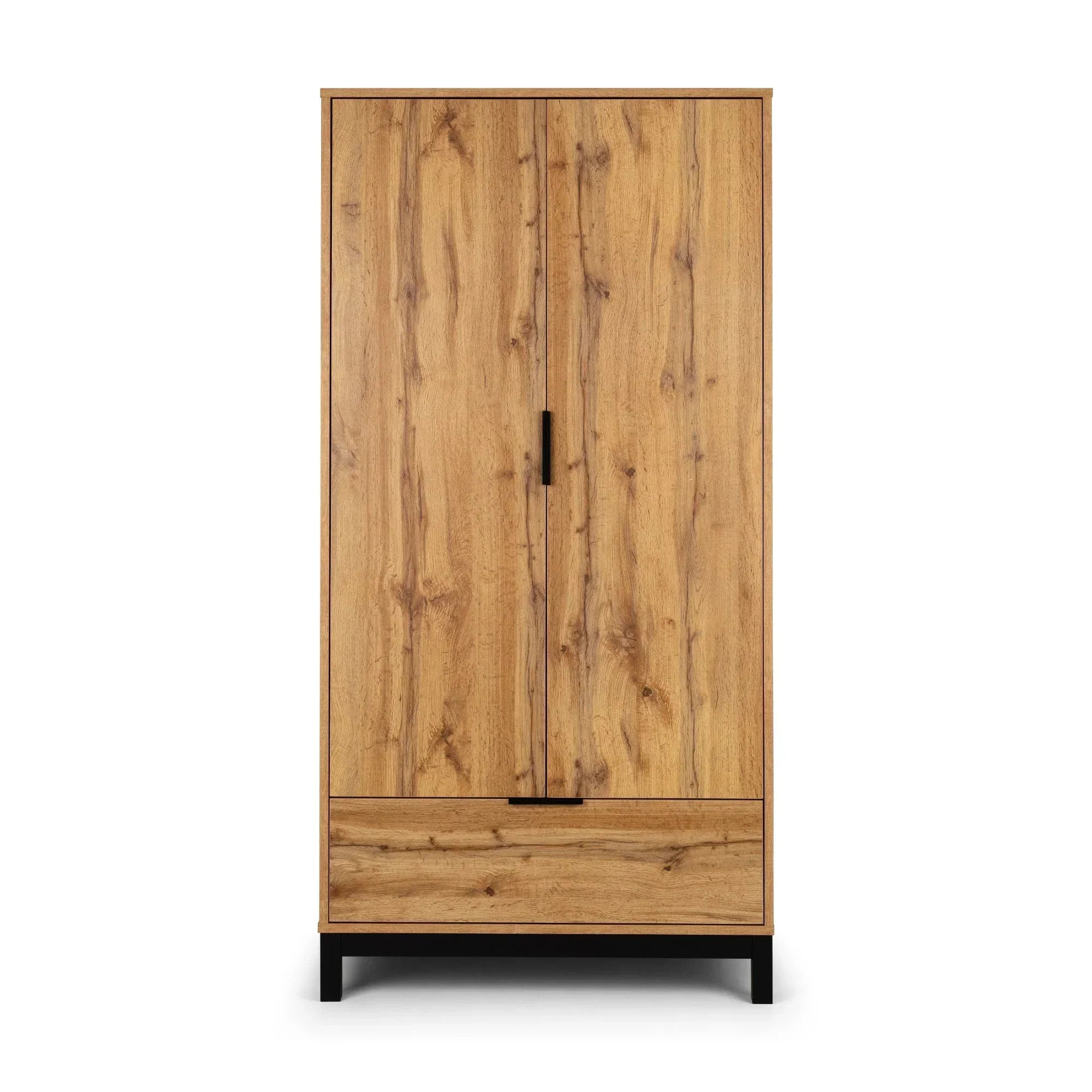 Wooden 2 door wardrobe with lower drawer and black metal legs front view