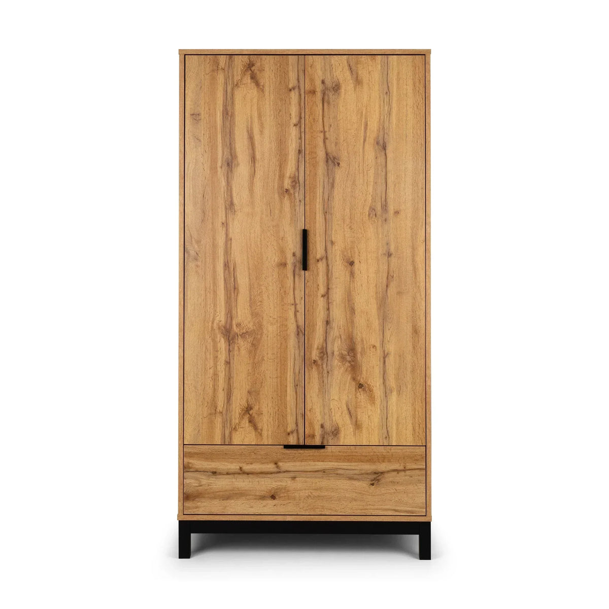 Wooden 2 door wardrobe with lower drawer and black metal legs front view