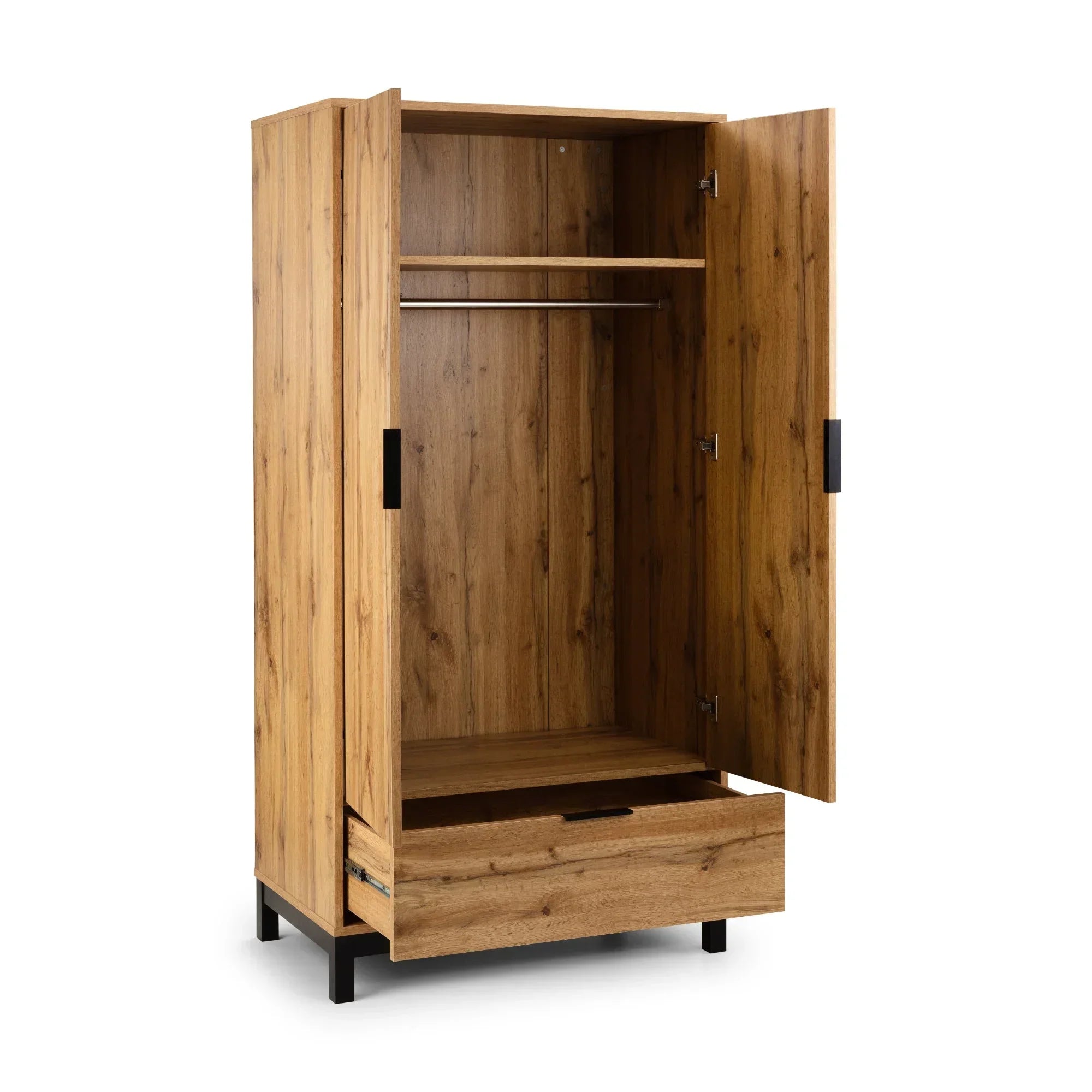 Oak effect two door wardrobe with open doors, hanging rail, shelf and lower drawer visible