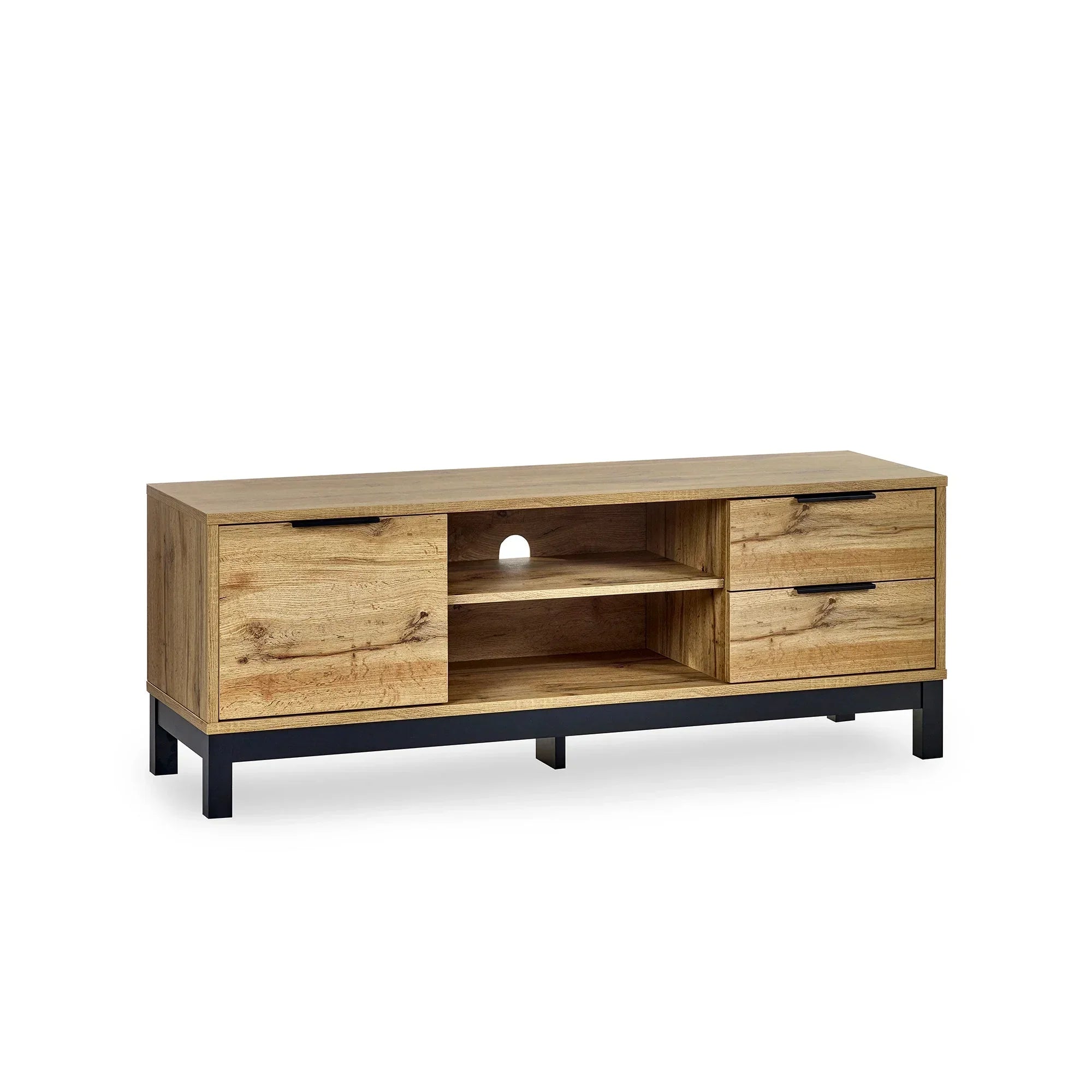 Light oak TV unit with black metal legs, two drawers, side cupboard, and open shelving