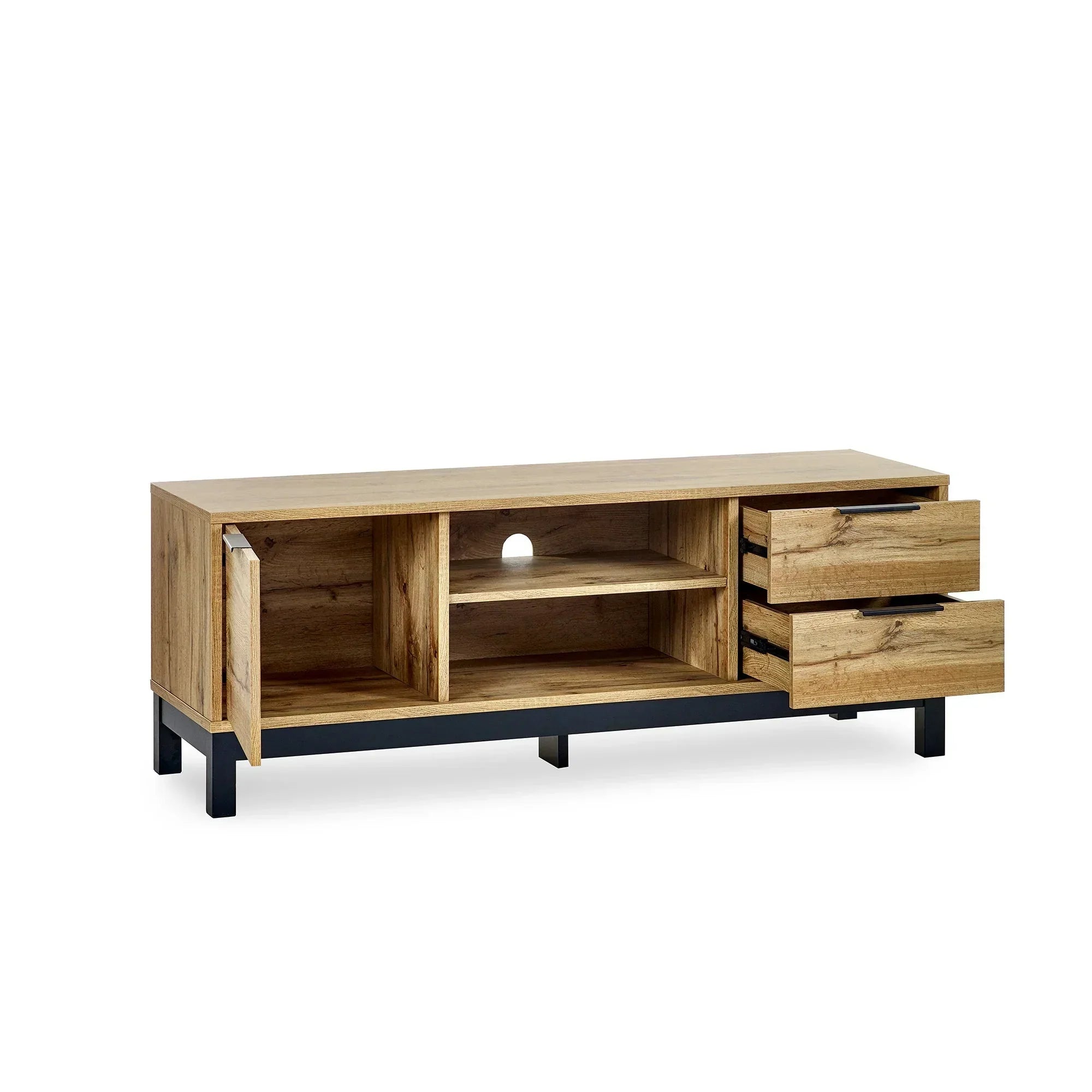 Light oak TV unit with black legs, two open shelves, open cupboard, and two open drawers