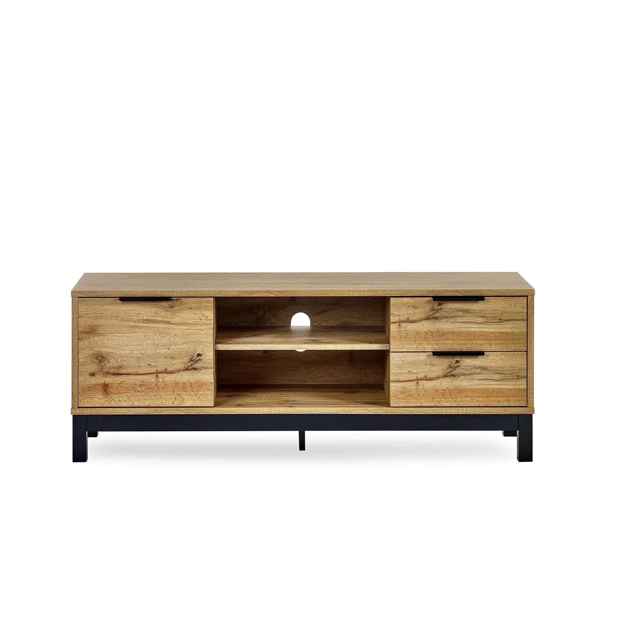 Light oak TV unit with black metal legs, open central shelves, and side storage compartments
