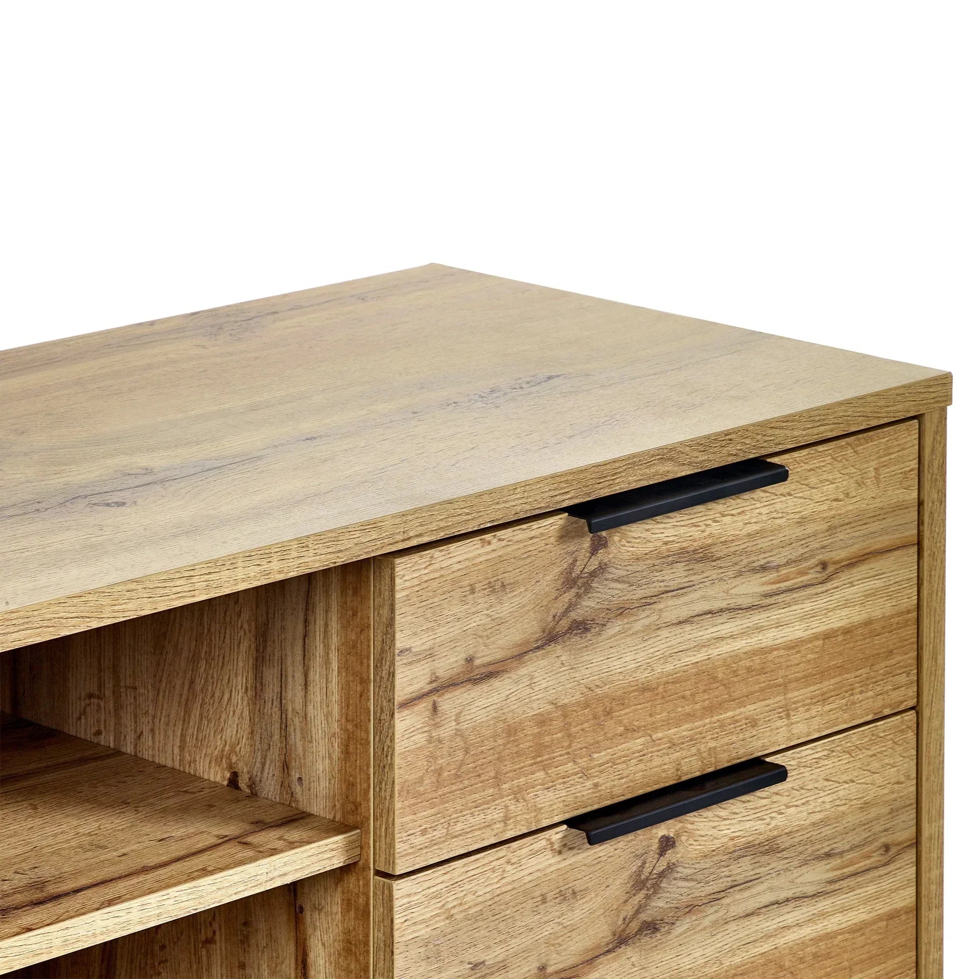 Light oak TV unit close-up showing drawers, shelving and black handles