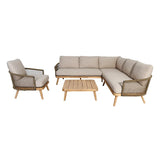 Beige outdoor corner sofa set with armchair and wooden coffee table, rope frame detail