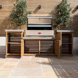 Outdoor wooden BBQ unit with open slatted shelving and closed-lid grill on a patio