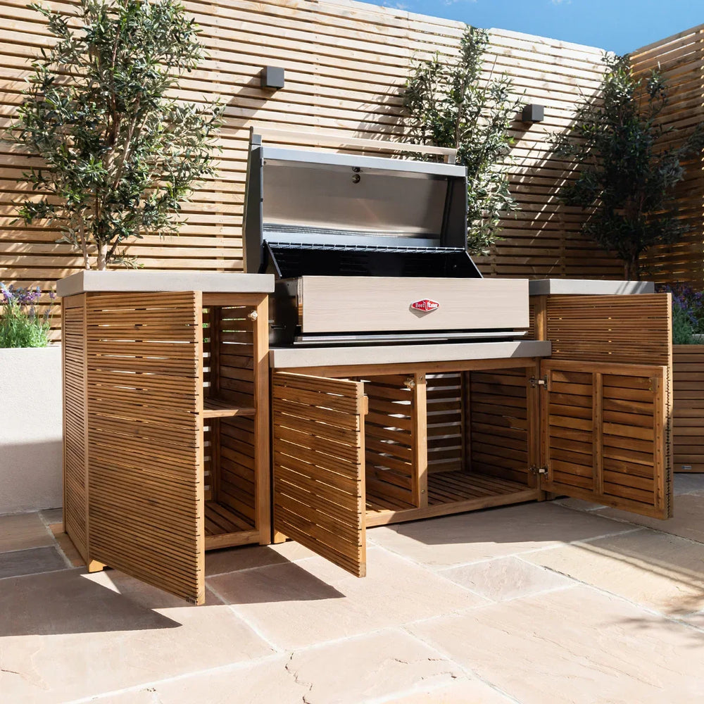 Outdoor wooden BBQ unit with open storage cabinets and closed stainless steel barbecue lid