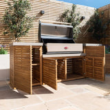 Outdoor wooden BBQ unit with open storage cabinets and closed stainless steel barbecue lid