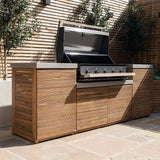 Outdoor kitchen with wooden slatted cabinets and stainless steel gas barbecue grill