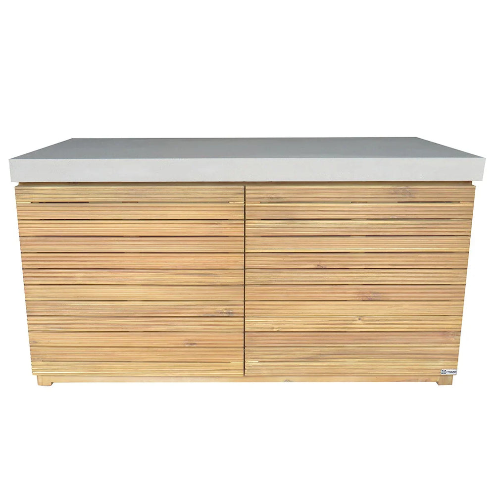 Wooden sideboard with horizontal slats and white stone top, front view
