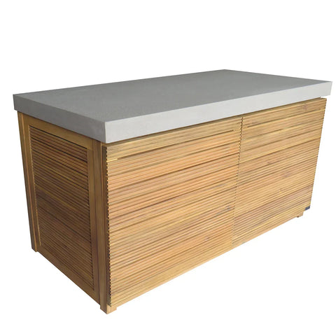 Outdoor kitchen island with wood slat front and concrete worktop, angled view