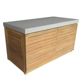 Outdoor kitchen island with wood slat front and concrete worktop, angled view