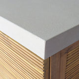 Close up of concrete table top with slatted wood base, modern dining furniture detail