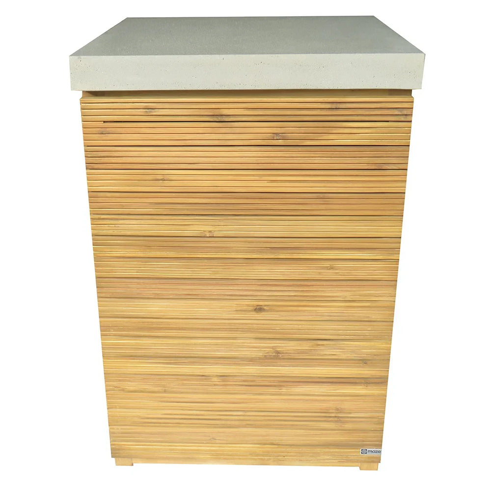 Outdoor garden bar table with slatted wood base and square concrete top, front view
