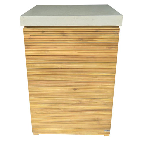 Outdoor garden bar table with slatted wood base and square concrete top, front view