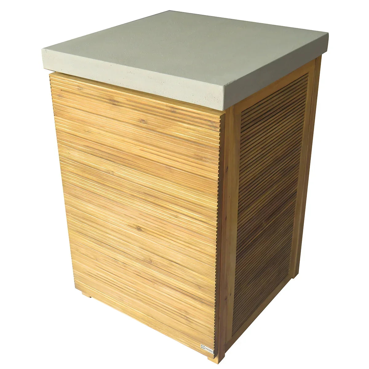 Outdoor side table with natural wood slat panels and square concrete top