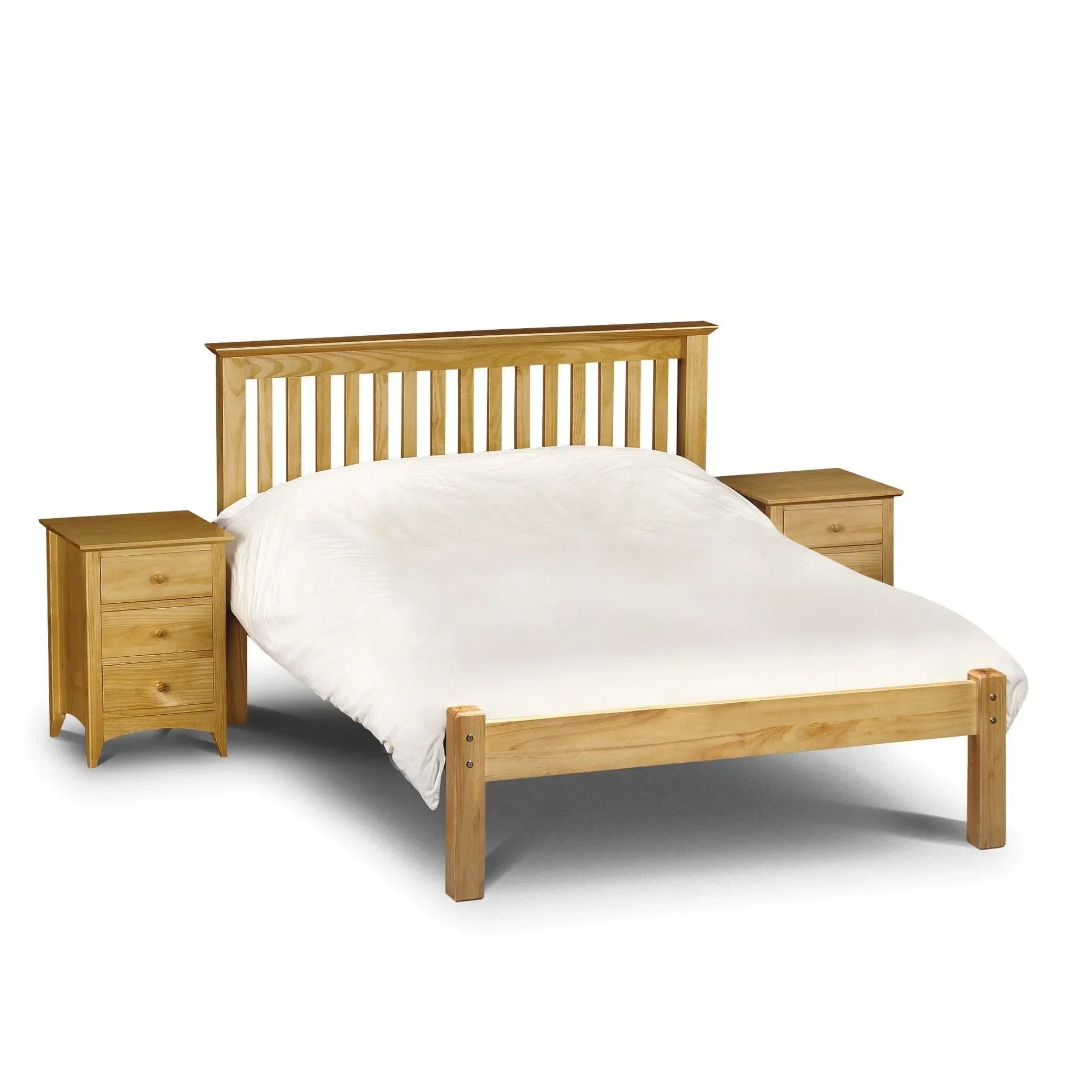 Pine double bed with slatted headboard and two matching bedside tables