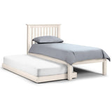 Stone white single bed with slatted headboard and pull-out trundle bed underneath