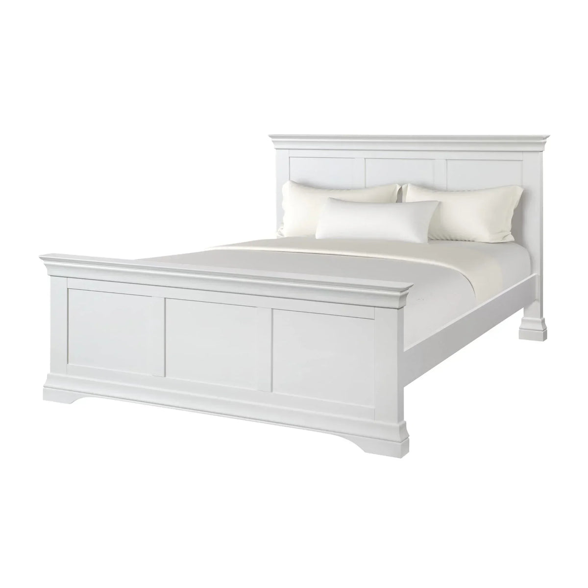 White wooden bed frame with panel headboard and footboard, shown with bedding