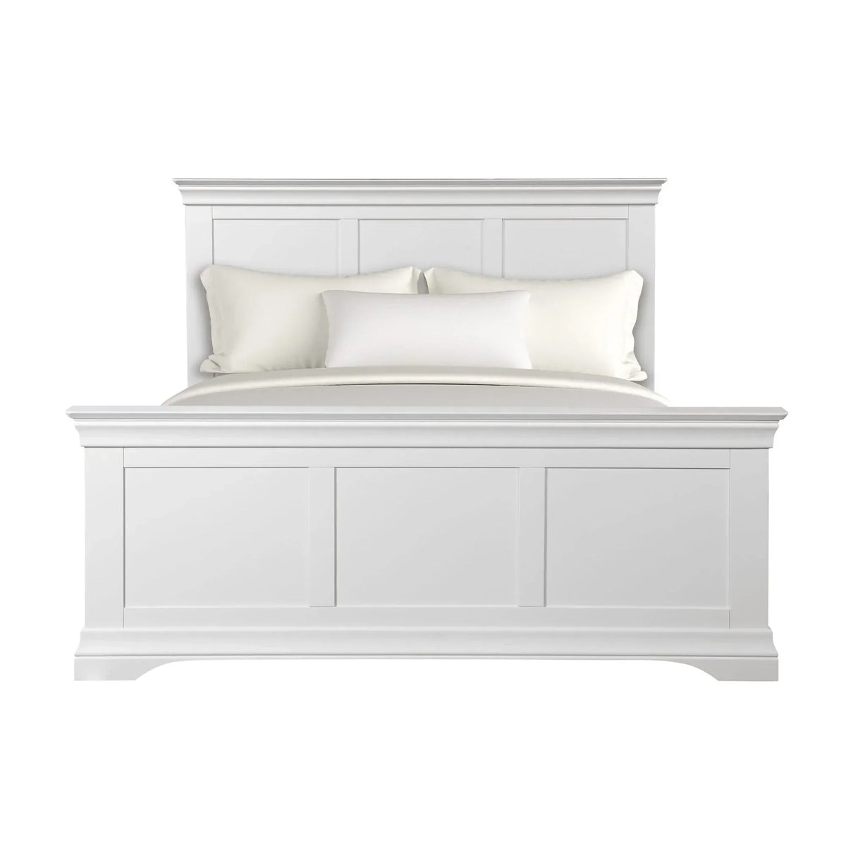 White wooden bed frame with panelled headboard and footboard, cream bedding, front view