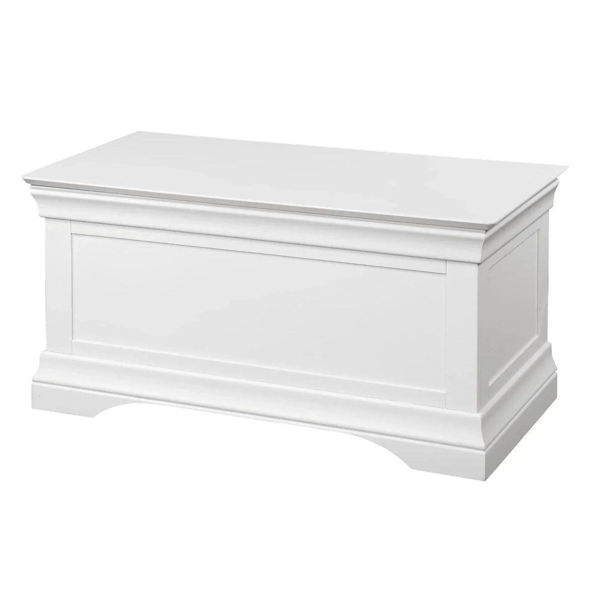 White wooden blanket box with paneled sides and decorative base molding