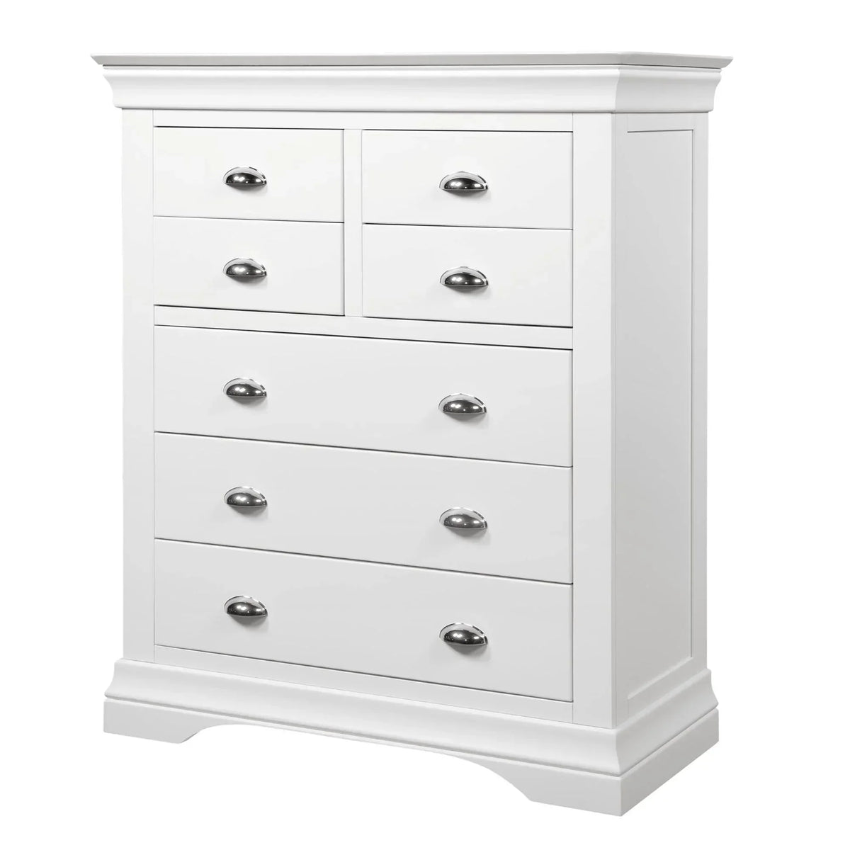 White chest of drawers with chrome handles and six-drawer layout, angled front view