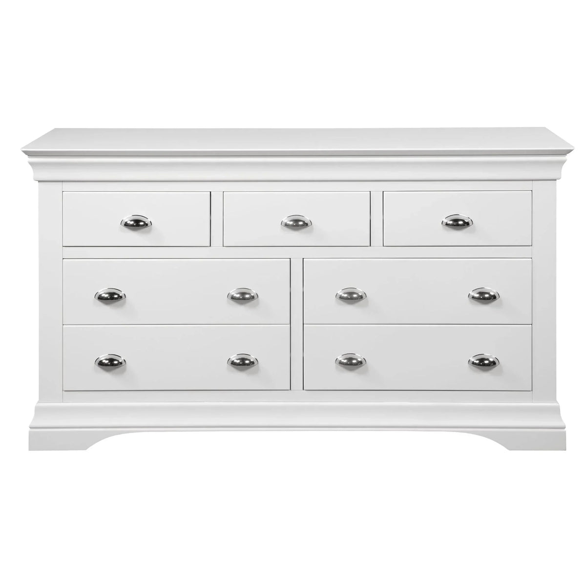 White chest of drawers with seven drawers and chrome handles, front view