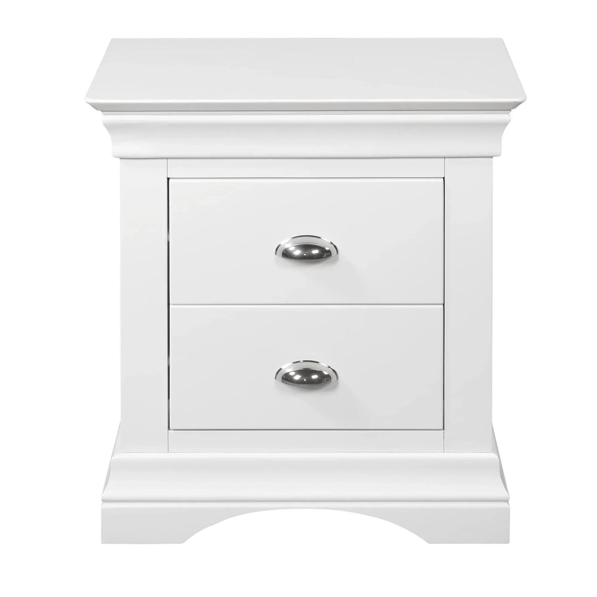 White bedside table with two drawers and silver handles, front view