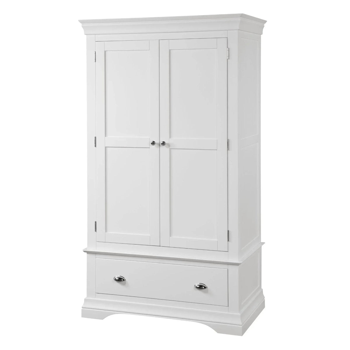 White wooden wardrobe with two panel doors and single bottom drawer, front angle view