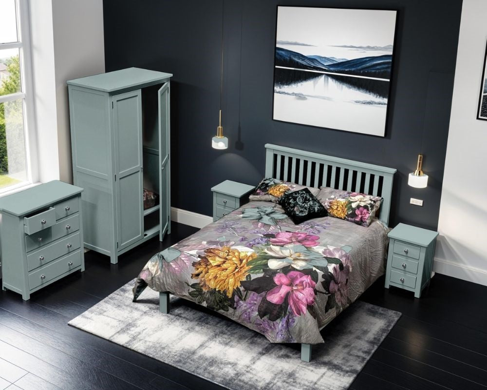 Sage green bedroom furniture set with double bed, wardrobe, chest of drawers and bedside tables