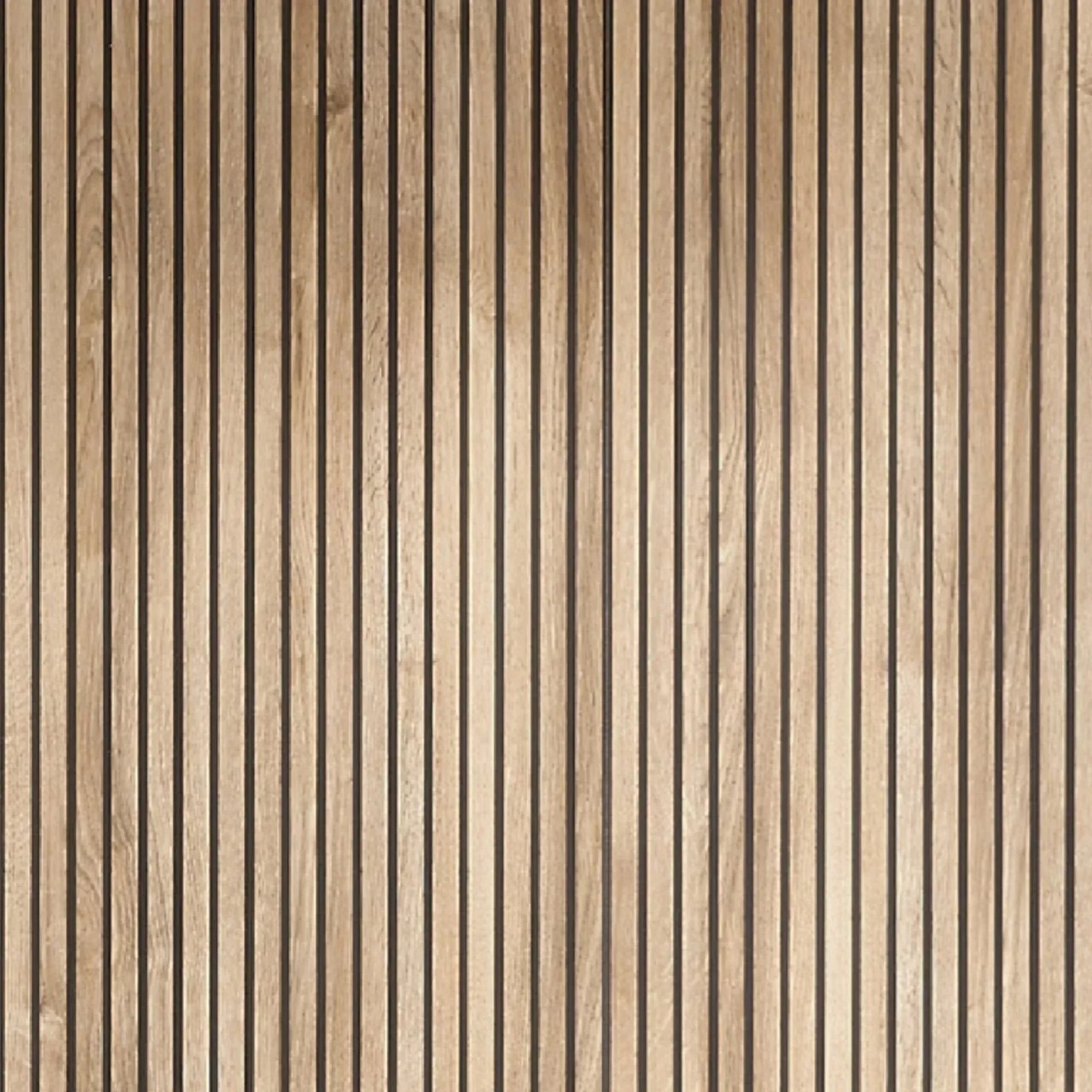 Slatted wood wall panel with vertical grain texture in natural oak finish