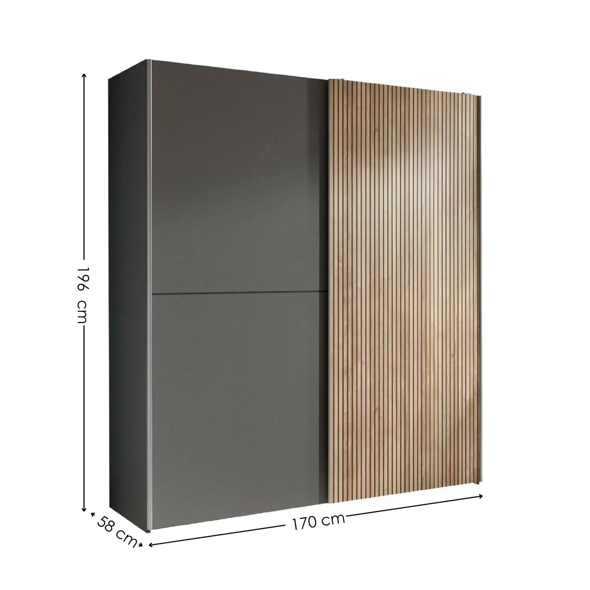 Modern wardrobe with grey matte doors and slatted wood panel, 196x170x58 cm