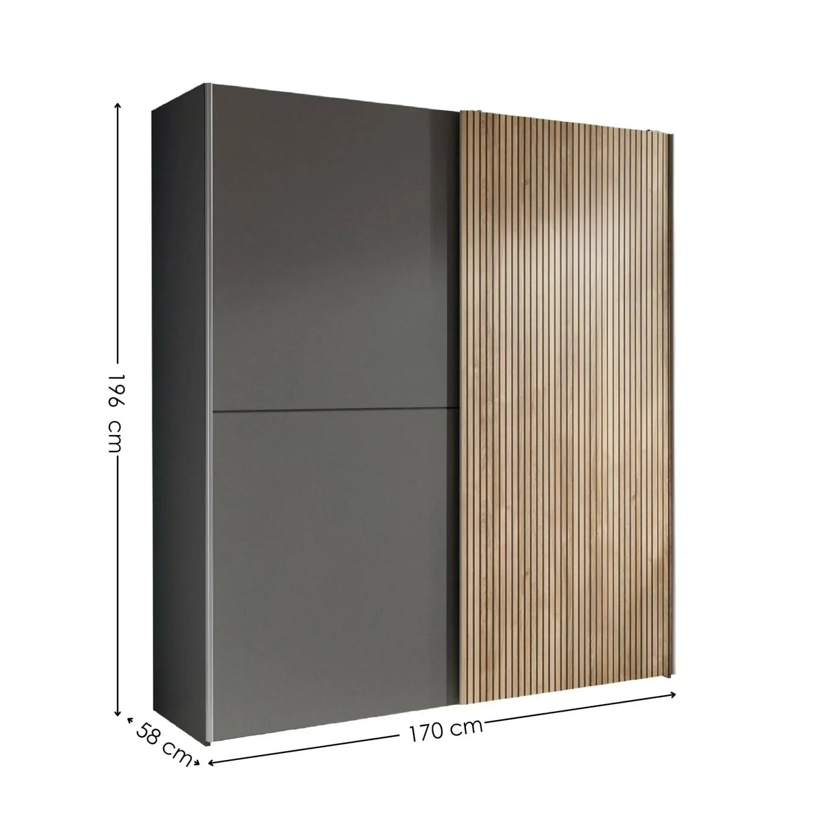 Modern wardrobe with grey matte doors and slatted wood panel, 196x170x58 cm