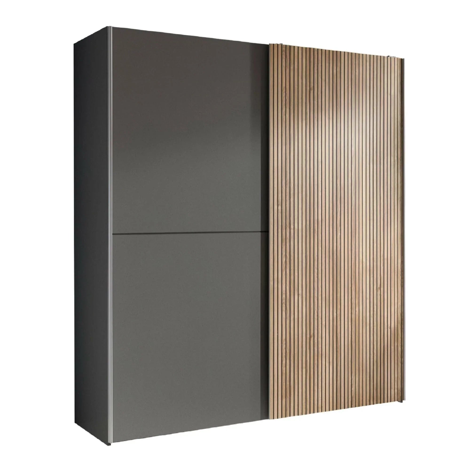 Modern wardrobe with matte grey panels and vertical slatted wood sliding door