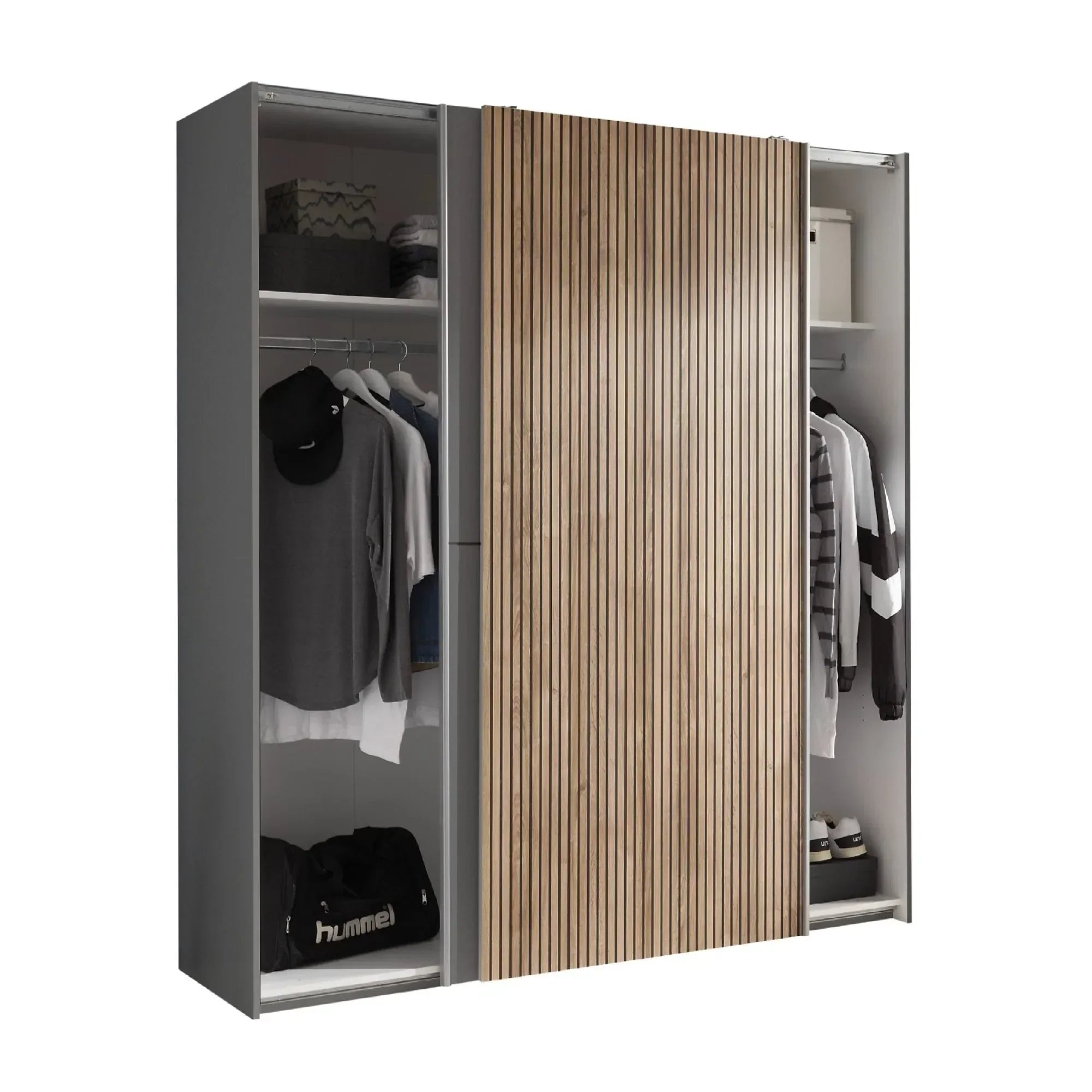 Grey and wood sliding door wardrobe with open hanging rail and shelves inside