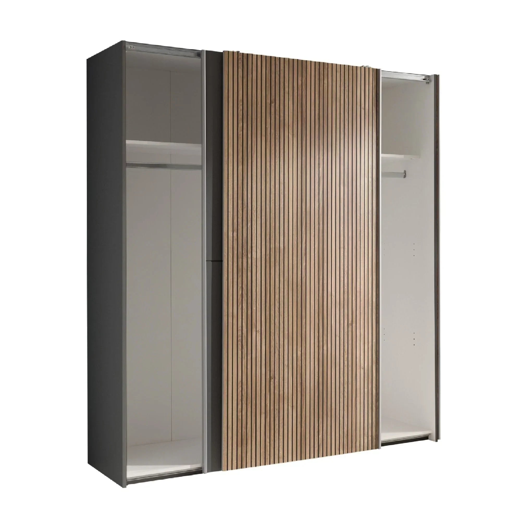 Three door wardrobe with grey frame and central wood slatted sliding door