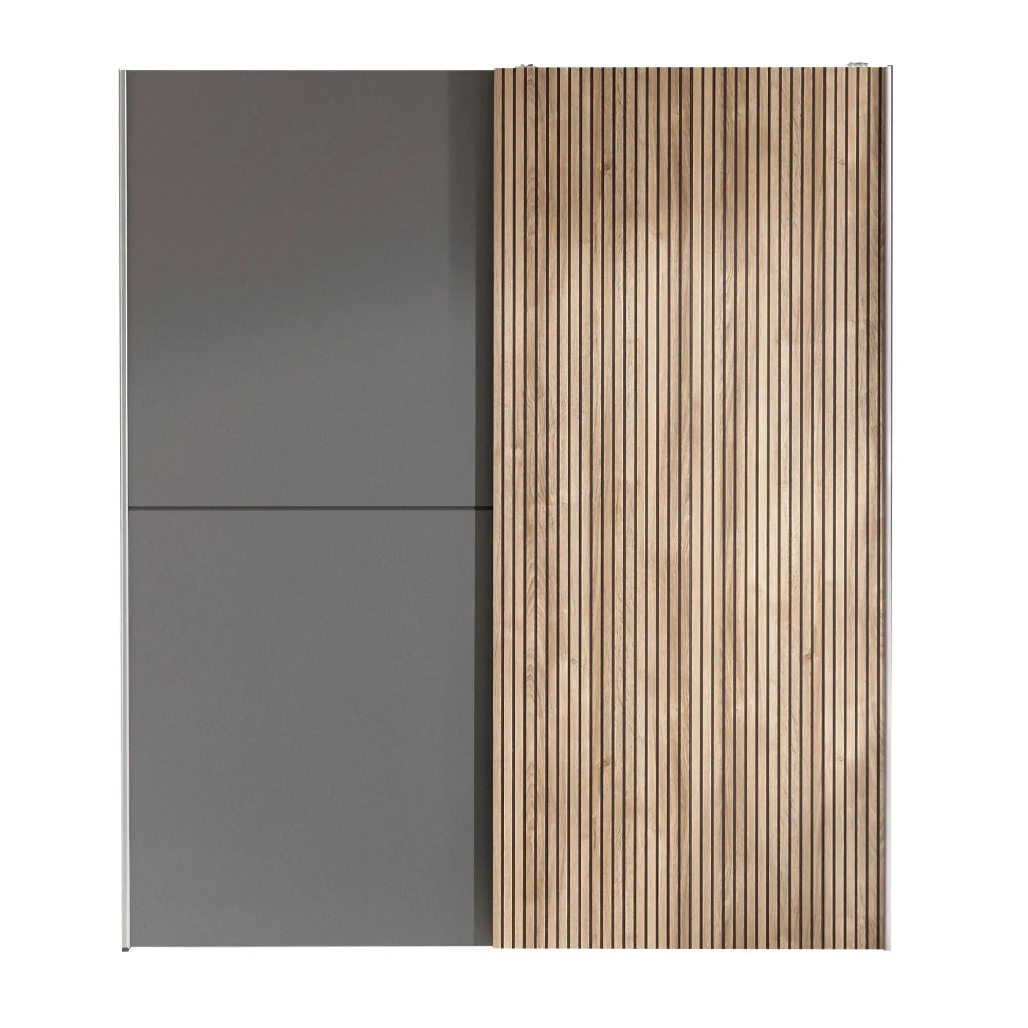 Modern sliding wardrobe with grey panels and natural wood slatted door front