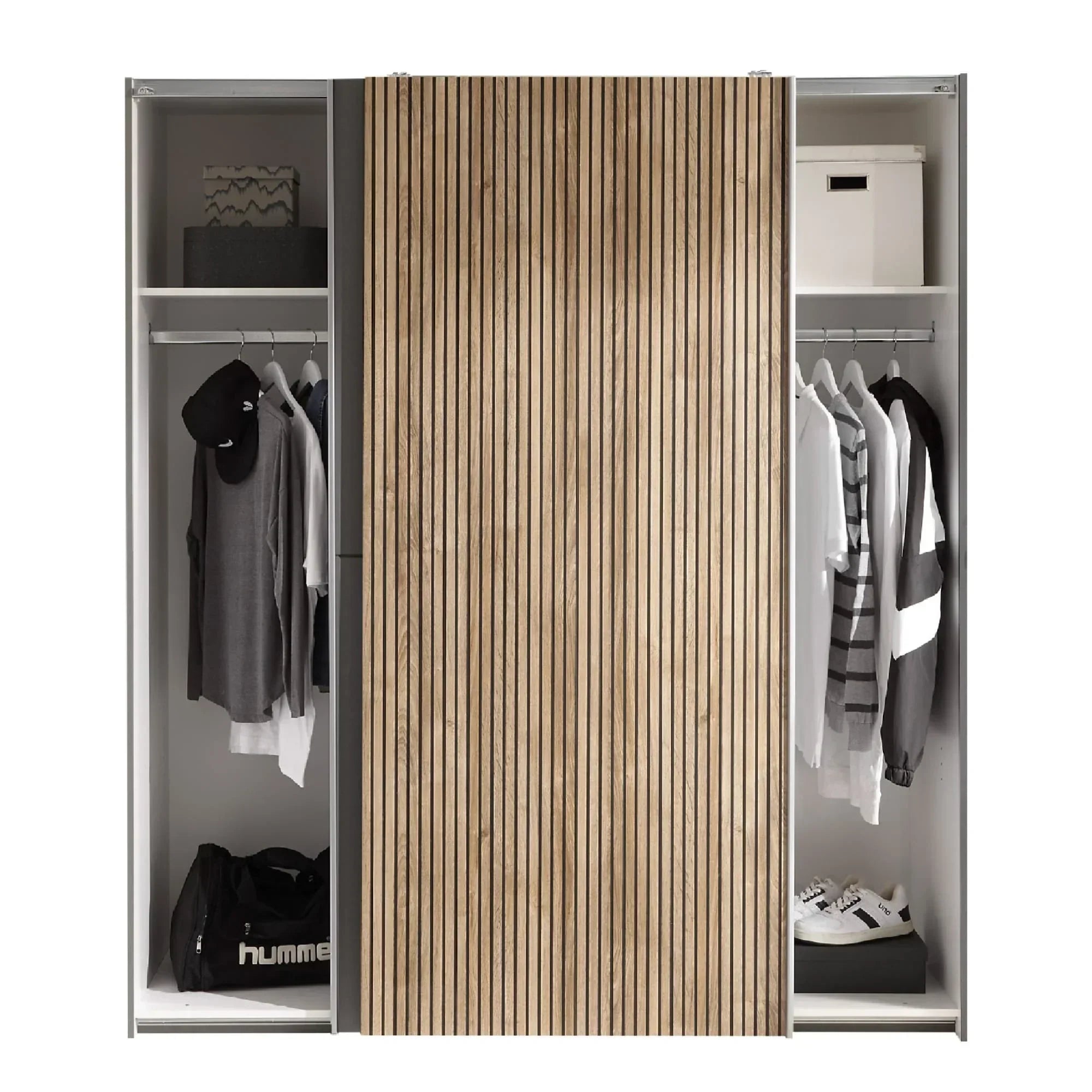 Wooden sliding door wardrobe with hanging clothes, shelves, and storage boxes
