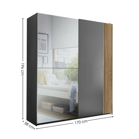 Berno Sliding 2 Door Wardrobe With Mirror - Grey and Light Brown - BER002