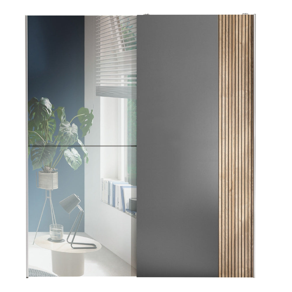 Berno Sliding 2 Door Wardrobe With Mirror - Grey and Light Brown - BER002