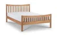 Wooden bed frame with slatted headboard and footboard, white mattress, front angle view