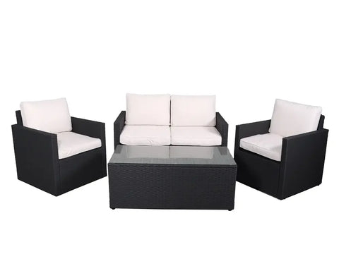 Black rattan patio sofa set with cream cushions and glass-topped coffee table