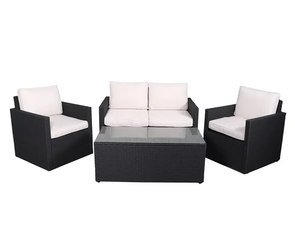 Black rattan patio sofa set with cream cushions and glass-topped coffee table