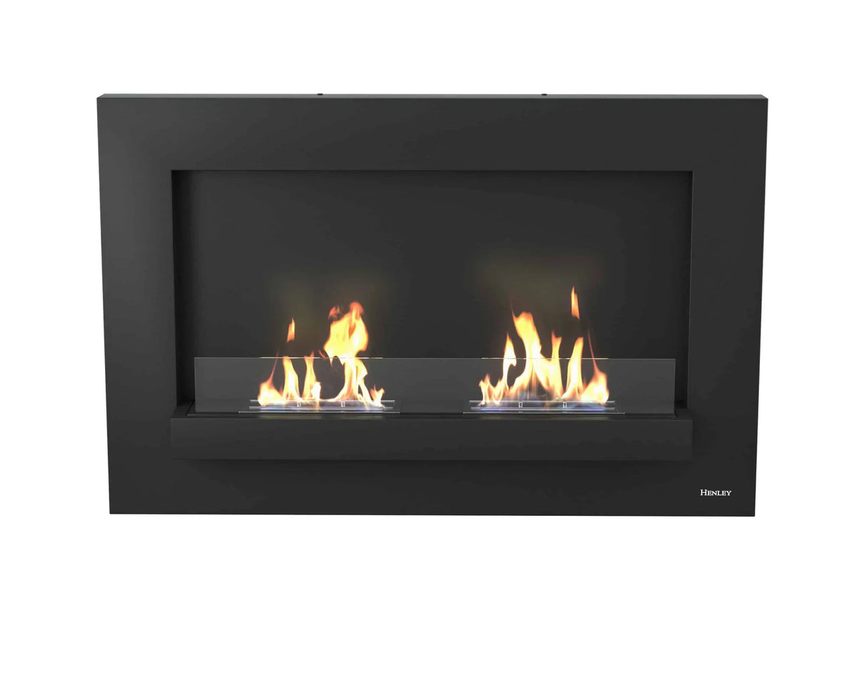 Black bioethanol fireplace with glass panel and visible flames, front view