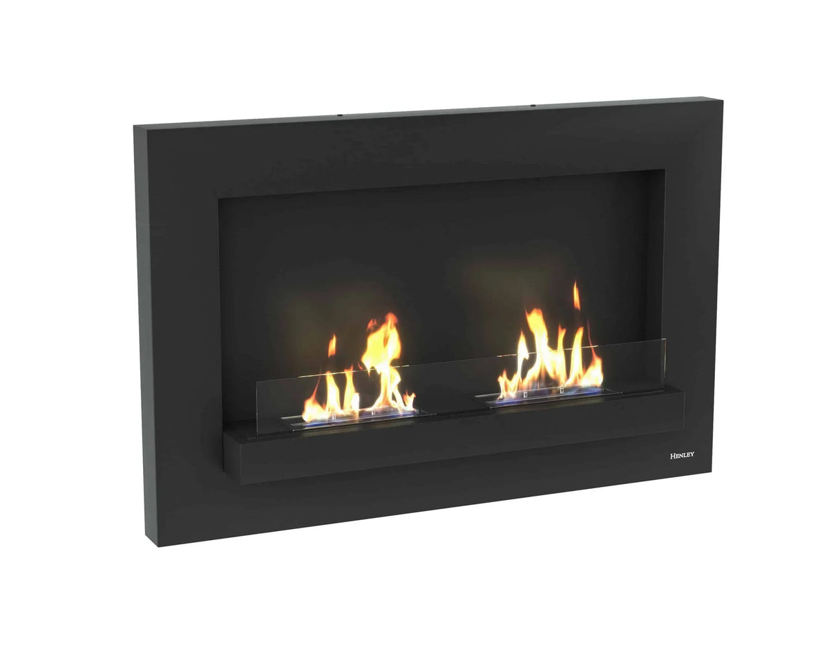 Black wall-mounted bioethanol fireplace with dual burners and glass screen