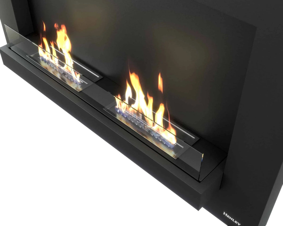 Black wall-mounted bioethanol fireplace with dual burners and glass panels, flames visible