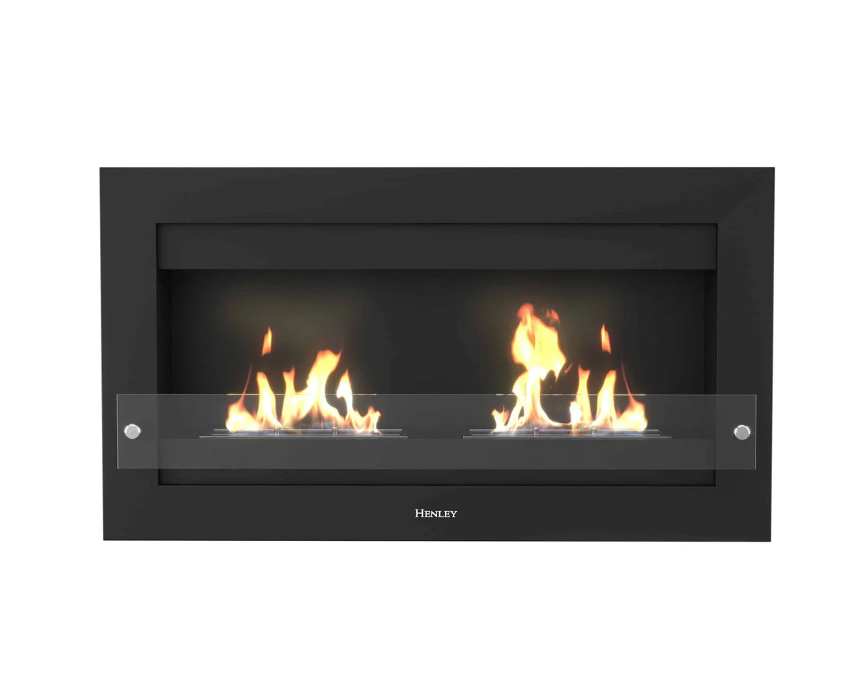 Black wall mounted bioethanol fireplace with glass safety panel and visible flames