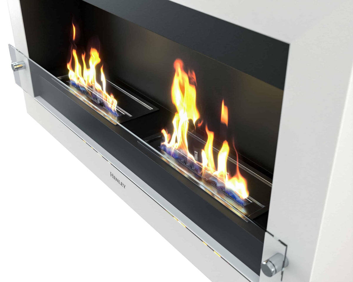 White bio ethanol fireplace with glass front and visible flames, right side view