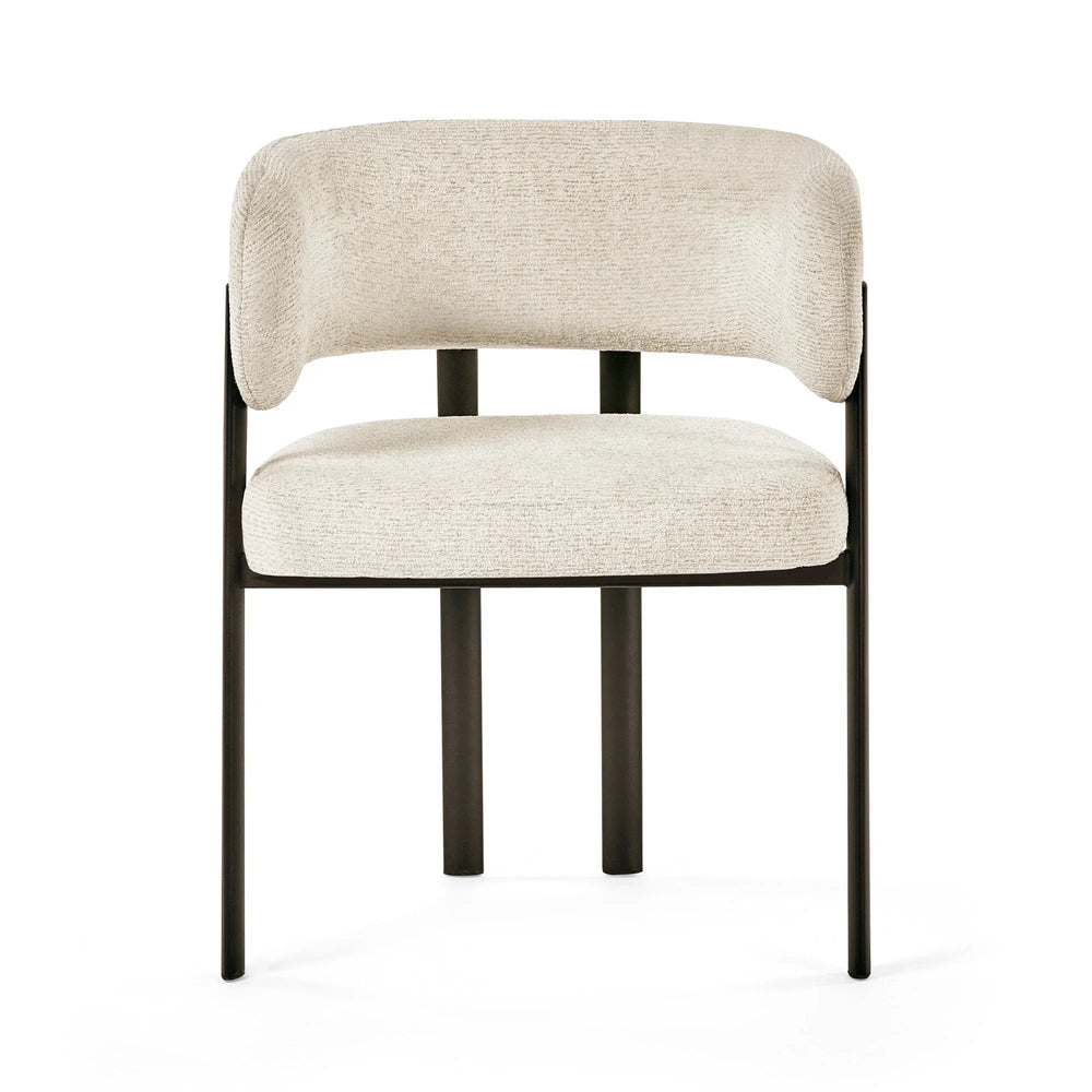 Cream upholstered dining chair with curved backrest and black metal legs, front view